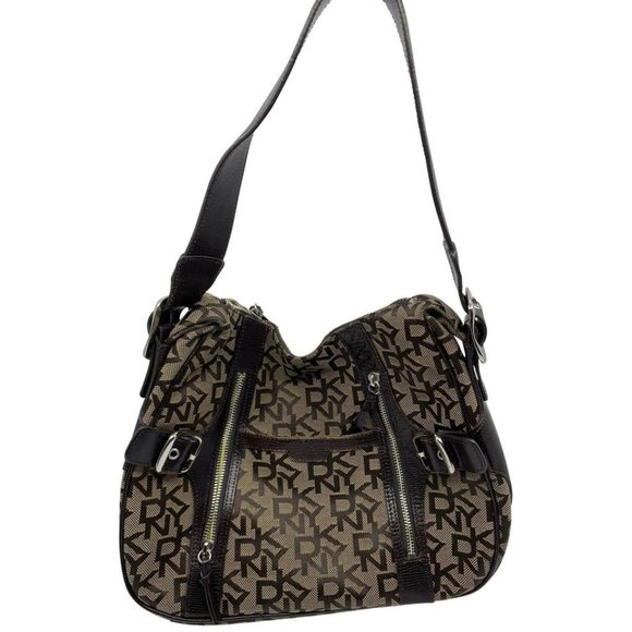 Dkny Handbags - DKNY Brown Tan All Over Logo Fabric Hobo Bag